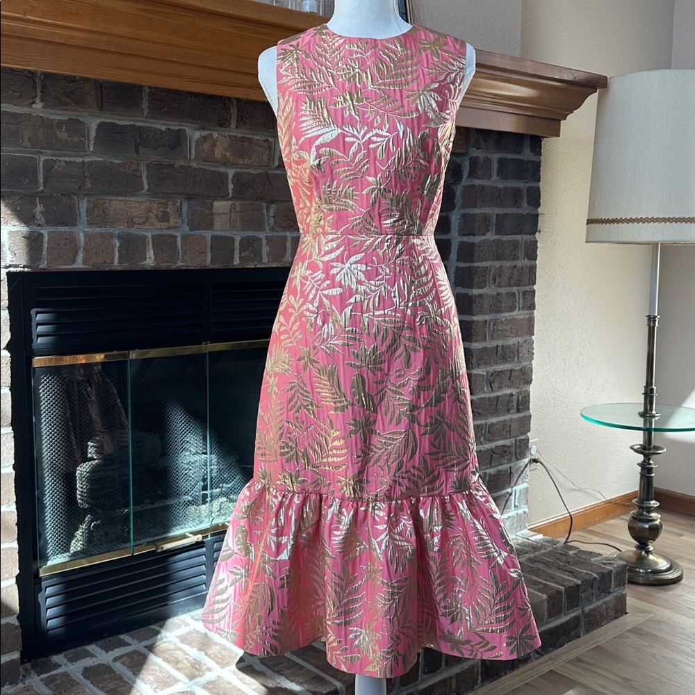 NWOT Kate Spade Tropical Foliage Brocade Coral Gold Mermaid Flare Dress Sz 2